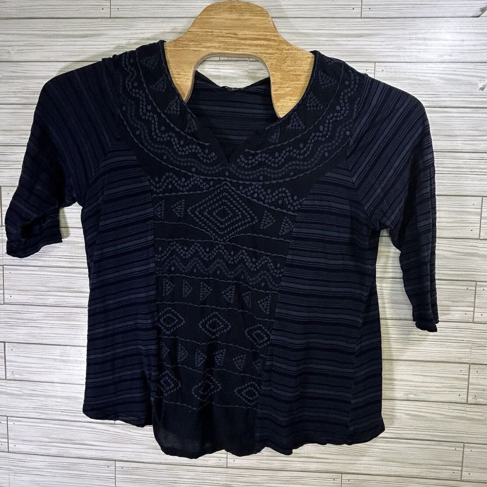 Lucky Brand Women Short Sleeve Embroidered Top Sz 1XL Navy 3/4 Sleeve Scoop Neck